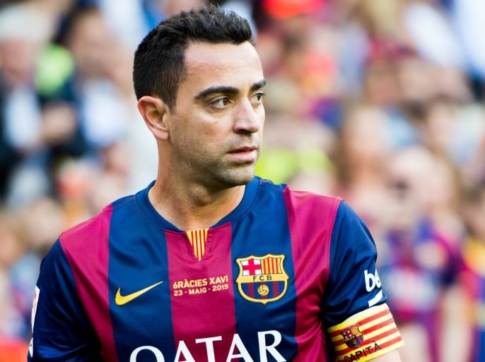 BARCELONA, SPAIN - MAY 23: Xavi Hernandez of FC Barcelona looks on during the La Liga match between FC Barcelona and RC Deportivo La Coruna at Camp Nou on May 23, 2015 in Barcelona, Spain. (Photo by Alex Caparros/Getty Images)