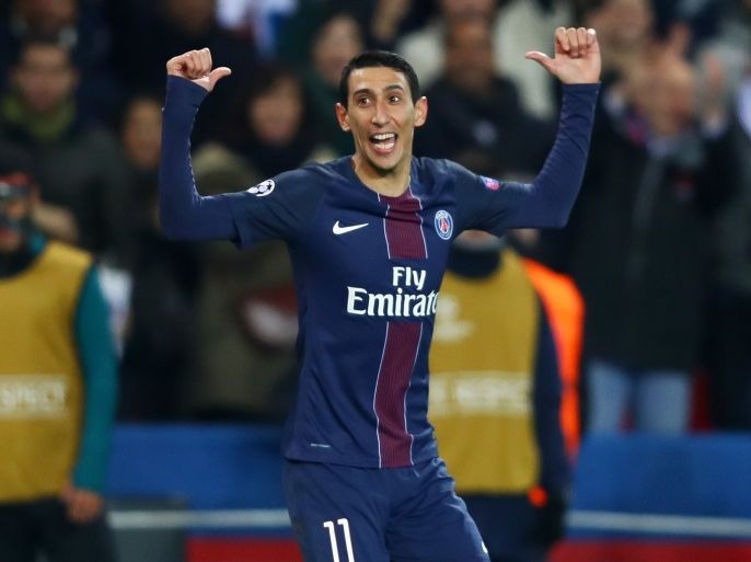 PARIS, FRANCE - FEBRUARY 14: Angel Di Maria of Paris Saint-Germain celebrates after scoring his team's third goal during the UEFA Champions League Round of 16 first leg match between Paris Saint-Germain and FC Barcelona at Parc des Princes on February 14, 2017 in Paris, France. (Photo by Clive Rose/Getty Images)