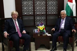 Britain's Foreign Secretary Boris Johnson meets with Palestinian President Mahmoud Abbas in the West Bank city of Ramallah, March 8, 2017. REUTERS/Mohamad Torokman