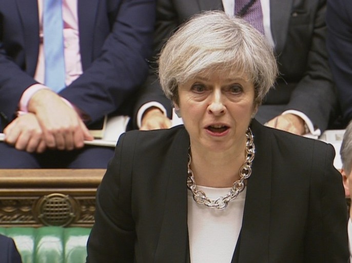 Britain's Prime Minister Theresa May speaks in Parliament the morning after an attack in Westminster, London Britain, March 23, 2017. Parliament TV/Handout via REUTERS - ATTENTION EDITORS - THIS IMAGE WAS PROVIDED BY A THIRD PARTY. EDITORIAL USE ONLY. NO RESALES.