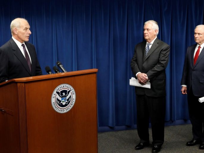 Homeland Security Secretary John Kelly (L), Secretary of State Rex Tillerson (C) and Attorney General Jeff Sessions, deliver remarks on issues related to visas and travel after U.S. President Donald Trump signed a new travel ban order in Washington, U.S., March 6, 2017. REUTERS/Kevin Lamarque
