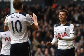 LONDON, ENGLAND - FEBRUARY 26: Dele Alli of Tottenham Hotspur celebrates scoring his teams fourth goal with teammate Harry Kane during the Premier League match between Tottenham Hotspur and Stoke City at White Hart Lane on February 26, 2017 in London, England. (Photo by Michael Regan/Getty Images)