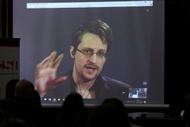 Edward Snowden speaks via video link during a conference at University of Buenos Aires Law School, Argentina, November 14, 2016. REUTERS/Marcos Brindicci