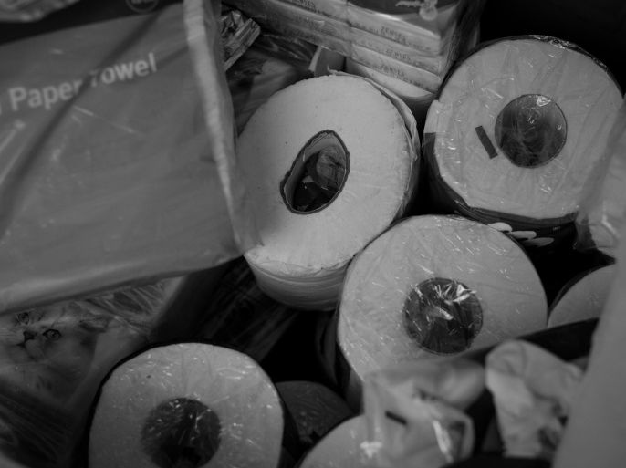 HONG KONG - OCTOBER 29: (EDITORS NOTE: Image has been converted to black and white) Stocks of toilet paper and tissues are seen at a supply tent on the street outside the Hong Kong Government Complex on October 29, 2014 in Hong Kong, Hong Kong. One month after the civil disobedience movement began, pro-democracy activists continue to bring supplies and build makeshift housing, as they setup for long term occupancy on the streets outside Hong Kong's Government Complex i