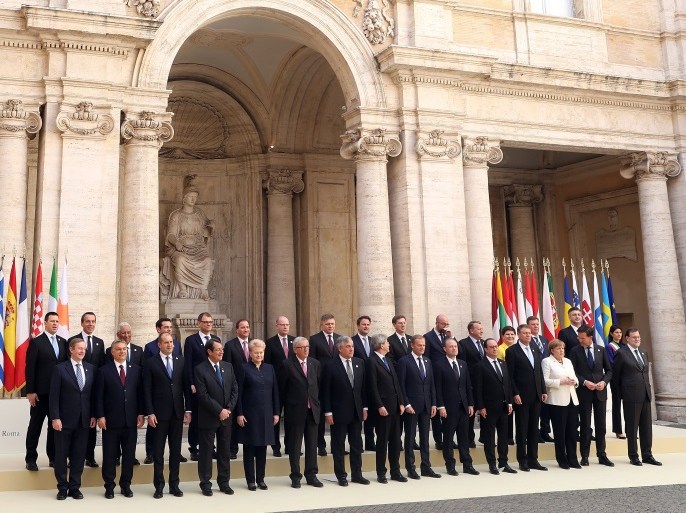 ROME, ITALY - MARCH 25: European leaders pose in the courtyard of the Musei Capitolini ahead of a special summit of EU leaders to mark the 60th anniversary of the bloc's founding Treaty of Rome on March 25, 2017 in Rome, Italy. The 60th anniversary of the signing of the treaties creating the European Economic Community and the European Atomic Energy Community the first major structural steps toward creating the European Union. (Photo by Franco Origlia/Getty Images)