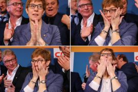 A combination of four images shows Annegret Kramp-Karrenbauer, State Minister-President and top candidate of the Christian Democratic Union Party (CDU) reacting after the Saarland state elections in Saarbruecken, Germany, March 26, 2017. REUTERS/Kai Pfaffenbach