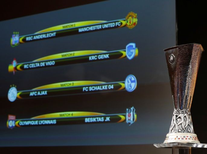 The UEFA Europa League trophy is pictured after the draw of the quarterfinals in Nyon, Switzerland March 17, 2017. REUTERS/Denis Balibouse