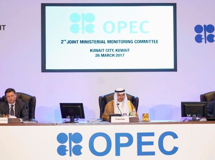 Kuwait Oil Minister Ali Al-Omair gives his opening speech during OPEC 2nd Joint Ministerial Monitoring Committee meeting as Russian Energy Minister Alexander Novak and OPEC Secretary General Mohammad Barkindo attend the meeting in Kuwait City, Kuwait, March 26, 2017. REUTERS/Stephanie McGehee TPX IMAGES OF THE DAY