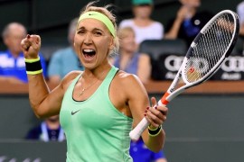 Mar 17, 2017; Indian Wells, CA, USA; Elena Vesnina (RUS) celebrates at match point as she defeated Kristina Mladenovic (FRA) in her semi final match at the BNP Paribas Open at the Indian Wells Tennis Garden. Mandatory Credit: Jayne Kamin-Oncea-USA TODAY Sports