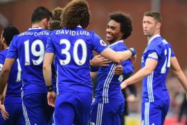 STOKE ON TRENT, ENGLAND - MARCH 18: Willian of Chelsea celebrates scoring their first goal during the Premier League match between Stoke City and Chelsea at Bet365 Stadium on March 18, 2017 in Stoke on Trent, England. (Photo by Tony Marshall/Getty Images)
