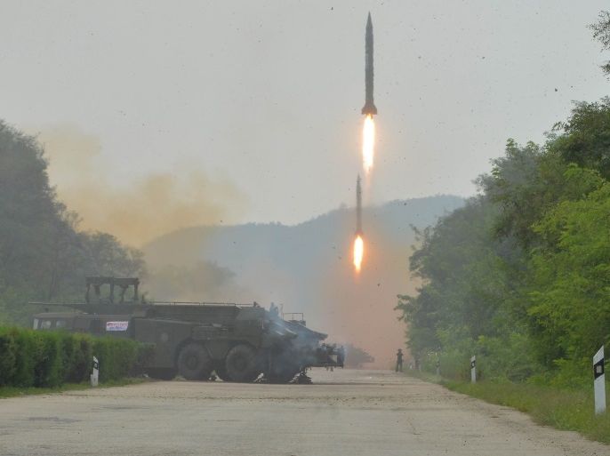 A fire drill of ballistic rockets by Hwasong artillery units of the KPA Strategic Force is pictured in this undated photo released by North Korea's Korean Central News Agency (KCNA) in Pyongyang September 6, 2016. KCNA/via Reuters ATTENTION EDITORS - THIS PICTURE WAS PROVIDED BY A THIRD PARTY. REUTERS IS UNABLE TO INDEPENDENTLY VERIFY THE AUTHENTICITY, CONTENT, LOCATION OR DATE OF THIS IMAGE. FOR EDITORIAL USE ONLY. NO THIRD PARTY SALES. SOUTH KOREA OUT. THIS PICTURE