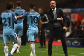 MONACO - MARCH 15: Josep Guardiola manager of Manchester City gives instructions to David Silva (21) and Sergio Aguero of Manchester City (10) during the UEFA Champions League Round of 16 second leg match between AS Monaco and Manchester City FC at Stade Louis II on March 15, 2017 in Monaco, Monaco. (Photo by Michael Steele/Getty Images)