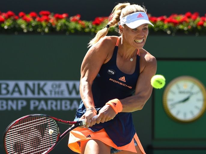 Mar 13, 2017; Indian Wells, CA, USA; Angelique Kerber (GER) during her third round match against Pauline Parmentier (not pictured) in the BNP Paribas Open at the Indian Wells Tennis Garden. Mandatory Credit: Jayne Kamin-Oncea-USA TODAY Sports