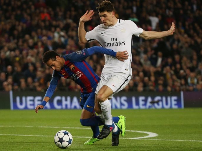 Football Soccer - Barcelona v Paris St Germain - UEFA Champions League Round of 16 Second Leg - The Nou Camp, Barcelona, Spain - 8/3/17 Barcelona's Neymar goes down under a challenge from Paris Saint-Germain's Thomas Meunier leading to appeals for a penalty Reuters / Sergio Perez Livepic