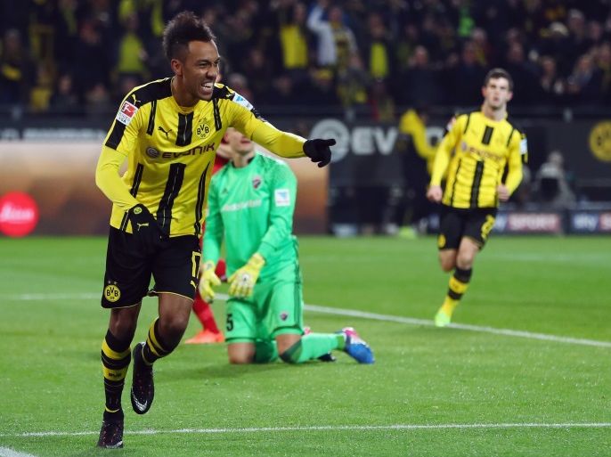 DORTMUND, GERMANY - MARCH 17: Pierre-Emerick Aubameyang of Dortmund celebrates his team's first goal during the Bundesliga match between Borussia Dortmund and FC Ingolstadt 04 at Signal Iduna Park on March 17, 2017 in Dortmund, Germany. (Photo by Lars Baron/Bongarts/Getty Images)
