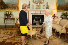 LONDON, ENGLAND - JULY 13: Queen Elizabeth II welcomes Theresa May at the start of an audience where she invited the former Home Secretary to become Prime Minister and form a new government at Buckingham Palace on July 13, 2016 in London, England. Former Home Secretary Theresa May becomes the UK's second female Prime Minister after she was selected unopposed by Conservative MPs to be their new party leader. She is currently MP for Maidenhead. (Photo by Dominic Lipins