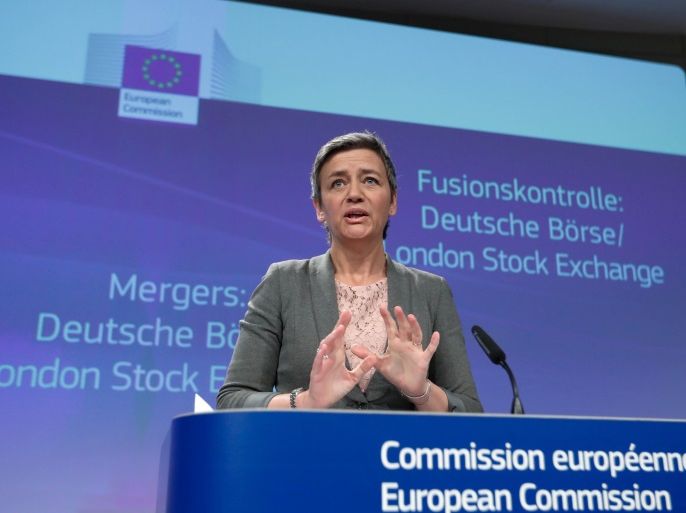 European Competition Commissioner Margrethe Vestager holds a news conference after EU antitrust regulators blocked the proposed merger of Deutsche Boerse and the London Stock Exchange on Wednesday as expected, saying that the deal would have harmed competition because of the companies' combined market power, in Brussels, Belgium March 29, 2017. REUTERS/Yves Herman