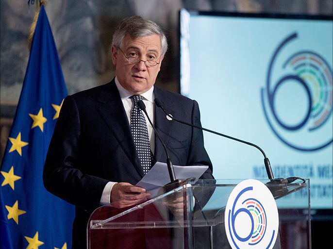 epa05869486 A handout photo made available by the European Commission on 25 March 2017 shows Antonio Tajani, President of the European Parliament, delivering a speech during the Rome Summit on the occasion of the 60th anniversary of signing the Treaty of Rome, in Rome, Italy, 25 March 2017. EU leaders gathered in Rome to mark the 60th anniversary of the signing of the Treaty of Rome. The treaty was signed on 25 March 1957 at Campidoglio Palace in Rome by Belgium, France, Italy, Luxembourg, the Netherlands and West Germany to form the European Economic Community (ECC). EPA/EU / ETIENNE ANSOTTE / HANDOUT ITALY OUT HANDOUT EDITORIAL USE ONLY/NO SALES
