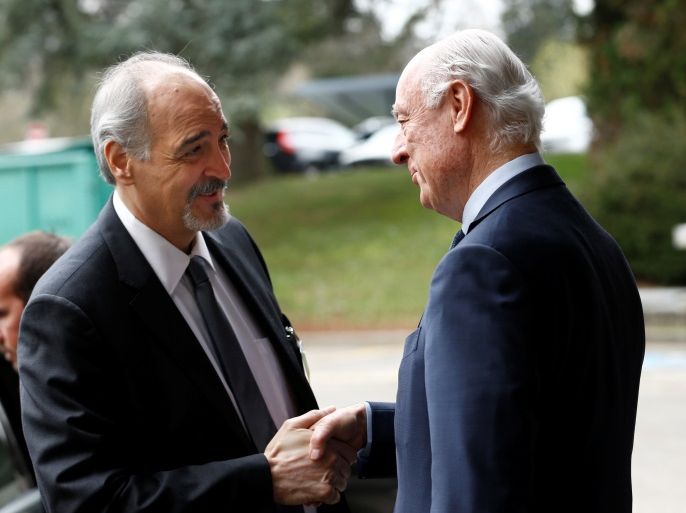 Bashar al-Jaafari (L), Syrian chief negotiator and Ambassador of the Permanent Representative Mission of Syria to the UN in New York, shakes hands with UN Special Envoy of the Secretary-General for Syria Staffan de Mistura prior to a round of negotiation, during the Intra Syria talks, at the European headquarters of the United Nations in Geneva, Switzerland March 24, 2017. REUTERS/Denis Balibouse