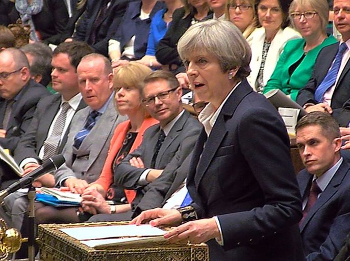 Britain's Prime Minister Theresa May speaks in Parliament as she announces that she has sent the letter to trigger the process of leaving the European Union in London, March 29, 2017. Parliament TV handout via REUTERS FOR EDITORIAL USE ONLY. NOT FOR SALE FOR MARKETING OR ADVERTISING CAMPAIGNSTHIS IMAGE HAS BEEN SUPPLIED BY A THIRD PARTY.