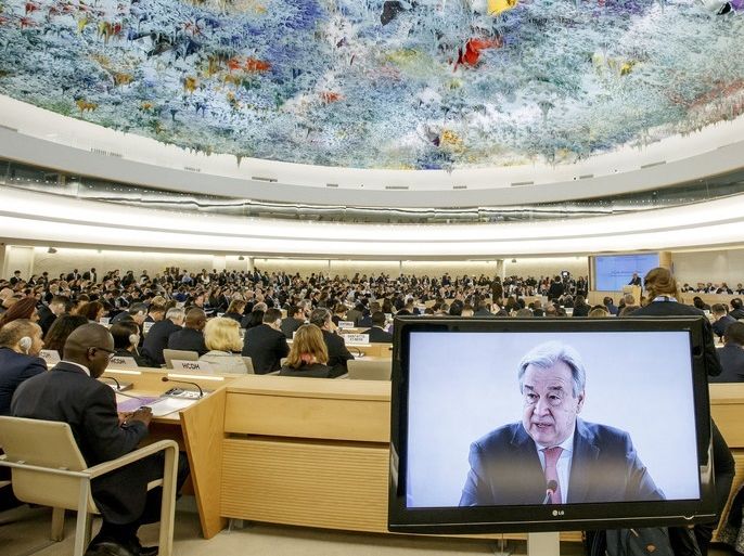 epa05818305 epa05818267 U.N. Secretary-General Antonio Guterres, gives his statement, during the opening of the High-Level Segment of the 34th session of the Human Rights Council, at the European headquarters of the United Nations in Geneva, Switzerland, Monday, February 27, 2017. EPA/SALVATORE DI NOLFI