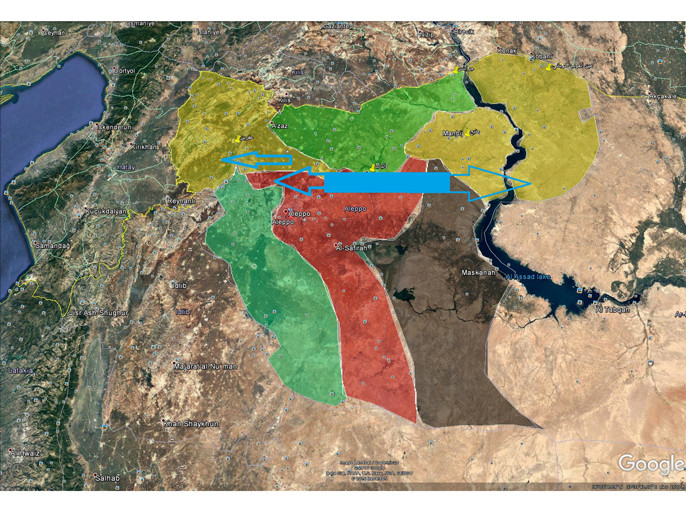 ‪المعبر البديل (بالأزرق) للوحدات الكردية لوصل مناطقها‬ (الجزيرة)