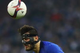 GELSENKIRCHEN, GERMANY - MARCH 09: Sead Kolasinac of Schalke wears a protective face mask during the UEFA Europa League Round of 16 first leg match between FC Schalke 04 and Borussia Moenchengladbach at Veltins-Arena on March 9, 2017 in Gelsenkirchen, Germany. (Photo by Dean Mouhtaropoulos/Bongarts/Getty Images)