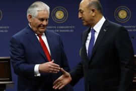 U.S. Secretary of State Rex Tillerson shakes hands with Turkish Foreign Minister Mevlut Cavusoglu during a news conference in Ankara, Turkey, March 30, 2017. REUTERS/Umit Bektas