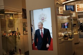 MOSCOW, RUSSIA - MARCH 07: A video of Russian President Vladimir Putin is displayed at a Russian history museum in Moscow on March 7, 2017 in Moscow, Russia. Relations between the United States and Russia are at their lowest point in years as evidence mounts about the complex relationship between President Donald Trump's administration and the Russian government. (Photo by Spencer Platt/Getty Images)
