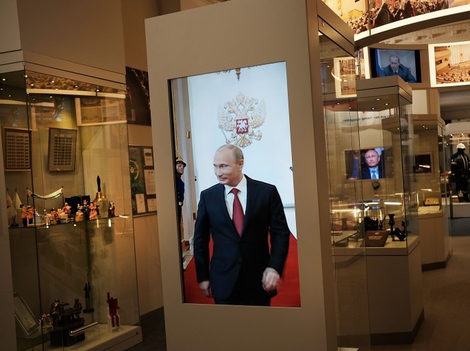 MOSCOW, RUSSIA - MARCH 07: A video of Russian President Vladimir Putin is displayed at a Russian history museum in Moscow on March 7, 2017 in Moscow, Russia. Relations between the United States and Russia are at their lowest point in years as evidence mounts about the complex relationship between President Donald Trump's administration and the Russian government. (Photo by Spencer Platt/Getty Images)