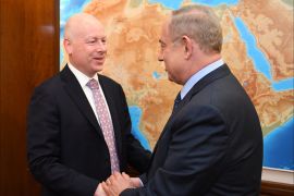 A handout photo made available by the US Embassy on 13 March 2017, show the assistant to the American President and Special Representative for International Negotiations, Jason Greenblatt (L), meeting with Israeli Prime Minister Benjamin Netanyahu (R) at Netanyahu's office in Jerusalem, 13 March 2017