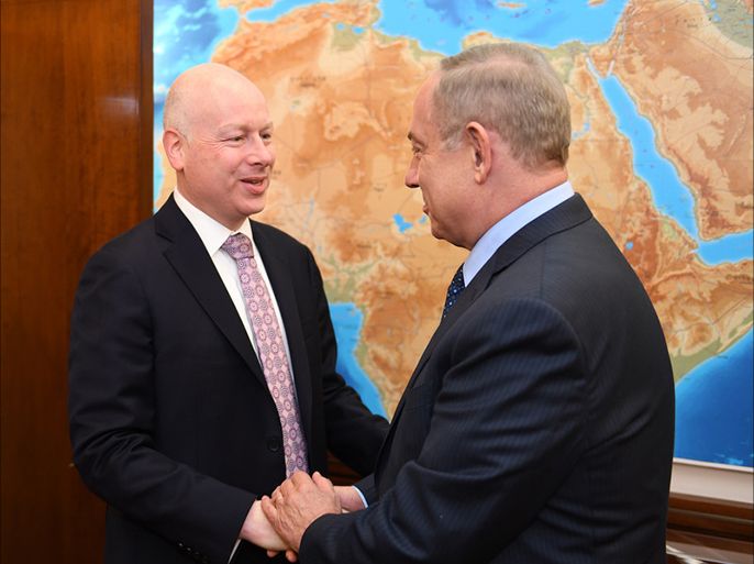 A handout photo made available by the US Embassy on 13 March 2017, show the assistant to the American President and Special Representative for International Negotiations, Jason Greenblatt (L), meeting with Israeli Prime Minister Benjamin Netanyahu (R) at Netanyahu's office in Jerusalem, 13 March 2017