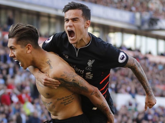 Britain Football Soccer - Stoke City v Liverpool - Premier League - bet365 Stadium - 8/4/17 Liverpool's Roberto Firmino celebrates scoring their second goal with Philippe Coutinho Reuters / Darren Staples Livepic EDITORIAL USE ONLY. No use with unauthorized audio, video, data, fixture lists, club/league logos or