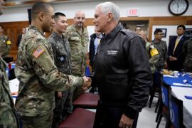 U.S. Vice President Mike Pence shakes hands with U.S. soldier during a meeting with U.S. and South Korean soldiers at Camp Bonifas near the truce village of Panmunjom, in Paju, South Korea, April 17, 2017. REUTERS/Kim Hong-Ji