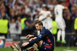 MADRID, SPAIN - APRIL 18: Manuel Neuer of Bayern Muenchen reacts after Cristiano Ronaldo of Real Madrid (not pictured) scores his sides third goal and hatrick goal during the UEFA Champions League Quarter Final second leg match between Real Madrid CF and FC Bayern Muenchen at Estadio Santiago Bernabeu on April 18, 2017 in Madrid, Spain. (Photo by Shaun Botterill/Getty Images)