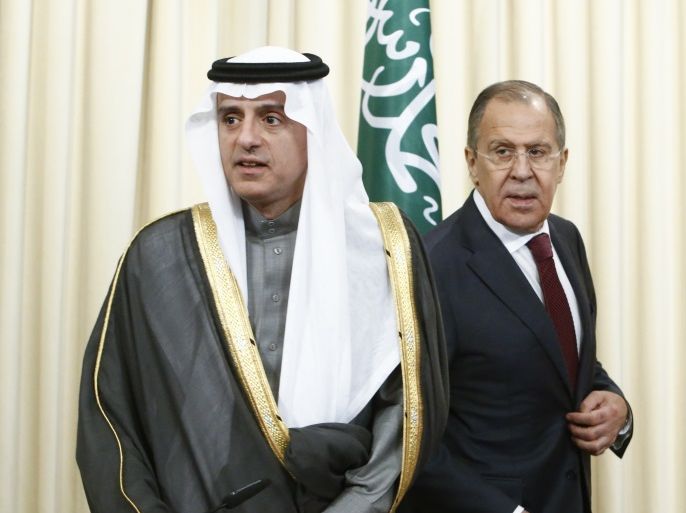 Russian Foreign Minister Sergei Lavrov (R) and his counterpart from Saudi Arabia Adel al-Jubeir attend a news conference after the talks in Moscow, Russia, April 26, 2017. REUTERS/Sergei Karpukhin