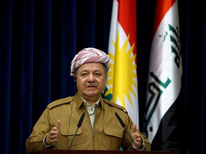 Iraq's Kurdistan region's President Massoud Barzani speaks during a joint news conference with German Foreign Minister Sigmar Gabriel (not pictured) in Erbil, Iraq April 20, 2017. REUTERS/Azad Lashkari