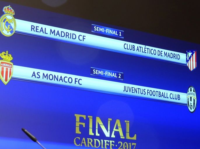 Football Soccer - UEFA Champions League Semi-Final Draw - Nyon, Switzerland - 21/4/17 A screen displaying the order after the draw of the UEFA Champions League semi-finals Reuters / Pierre Albouy Livepic