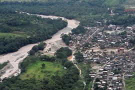 An aerial view shows a flooded area after heavy rains caused several rivers to overflow, pushing sediment and rocks into buildings and roads in Mocoa, Colombia April 1, 2017. Cesar Carrion/Colombian Presidency/Handout via Reuters ATTENTION EDITORS - THIS IMAGE WAS PROVIDED BY A THIRD PARTY. EDITORIAL USE ONLY.