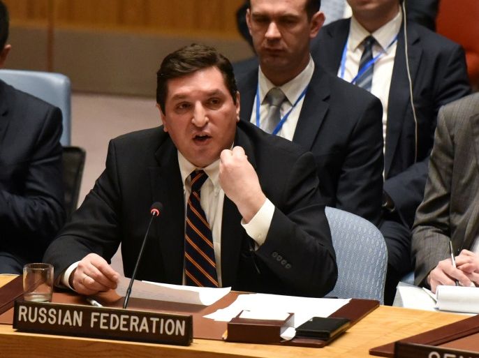 Russian Deputy Ambassador to the United Nations Vladimir Safronkov delivers remarks at a Security Council meeting on the situation in Syria at the United Nations Headquarters in New York, U.S., April 12, 2017. REUTERS/Stephanie Keith