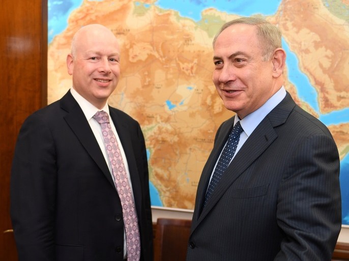Jason Greenblatt (L), U.S. President Donald Trump's Middle East envoy meets Israeli Prime Minister Benjamin Netanyahu at the Prime Minister’s Office in Jerusalem March 13, 2017. Picture taken March 13, 2017. Courtesy Matty Stern/U.S. Embassy Tel Aviv/Handout via REUTERS ATTENTION EDITORS - THIS IMAGE WAS PROVIDED BY A THIRD PARTY. EDITORIAL USE ONLY