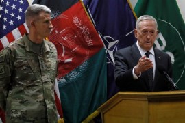 U.S. Defense Secretary James Mattis (R) and U.S. Army General John Nicholson (L), commander of U.S. Forces Afghanistan, hold a news conference at Resolute Support headquarters in Kabul, Afghanistan April 24, 2017. REUTERS/Jonathan Ernst