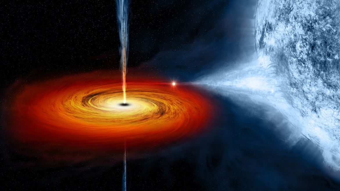 The black hole named Cygnus X-1 formed when a large star caved in. This black hole pulls matter from teh blue star beside it. Credits: Nasa/CSC/M.Weiss