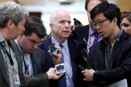 Senator John McCain (R-AZ) speaks with reporters as he departs after a classified briefing on the airstrikes launched against the Syrian military at the U.S. Capitol in Washington, U.S., April 7, 2017. REUTERS/Aaron P. Bernstein