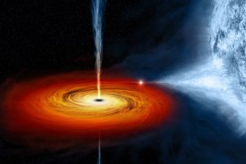 The black hole named Cygnus X-1 formed when a large star caved in. This black hole pulls matter from teh blue star beside it. Credits: Nasa/CSC/M.Weiss