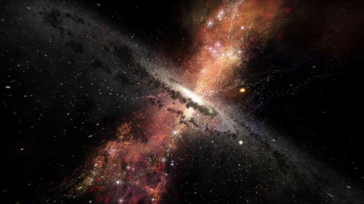 Artist's impression of stars born in winds from supermassive black holes (ESO)