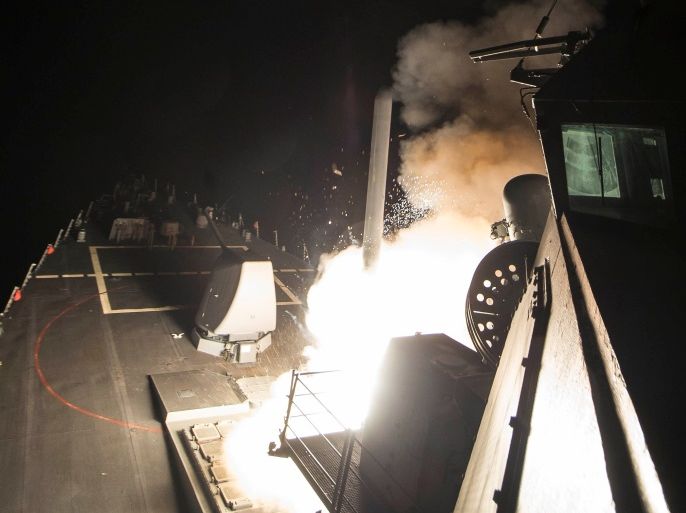 U.S. Navy guided-missile destroyer USS Ross (DDG 71) fires a tomahawk land attack missile in Mediterranean Sea on April 7, 2017.   Robert S. Price/Courtesy U.S. Navy/Handout via REUTERS   ATTENTION EDITORS - THIS IMAGE WAS PROVIDED BY A THIRD PARTY. EDITORIAL USE ONLY.  TPX IMAGES OF THE DAY?