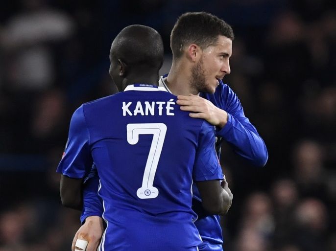 epa05846691 Chelsea N'Golo Kante (L) and Eden Hazard (R) celebrate after winning the English FA Cup quarter-final match between Chelsea FC and Manchester United at Stamford Bridge, London, Britain, 13 March 2017. EPA/WILL OLIVER EDITORIAL USE ONLY. No use with unauthorized audio, video, data, fixture lists, club/league logos or 'live' services. Online in-match use limited to 75 images, no video emulation. No use in betting, games or single club/league/player publications.