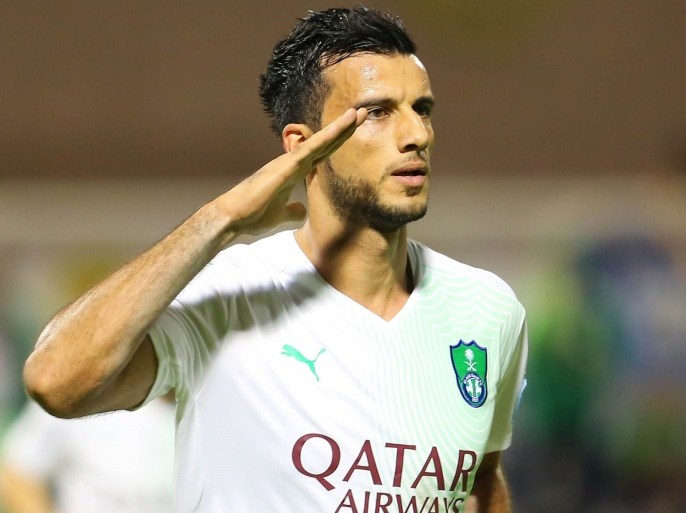 epa05206565 Al-Ahli player Omar Al-Somah celebrates after scoring a goal during theÂ Saudi Professional League soccer match between Al-Qadisiya and Al-Ahli at Prince Saud Bin Jalawi Stadium, Al-Khobar, Saudi Arabia, 11 March 2016. EPA/-