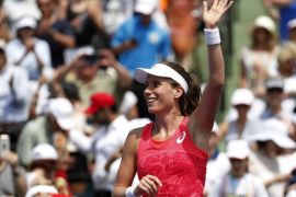 Apr 1, 2017; Key Biscayne, FL, USA; Johanna Konta of Great Britain waves to the crowd after her match against Caroline Wozniacki of Denmark (not pictured) in the women's singles championship of the 2017 Miami Open at Crandon Park Tennis Center. Konta won 6-4, 6-3. Mandatory Credit: Geoff Burke-USA TODAY Sports